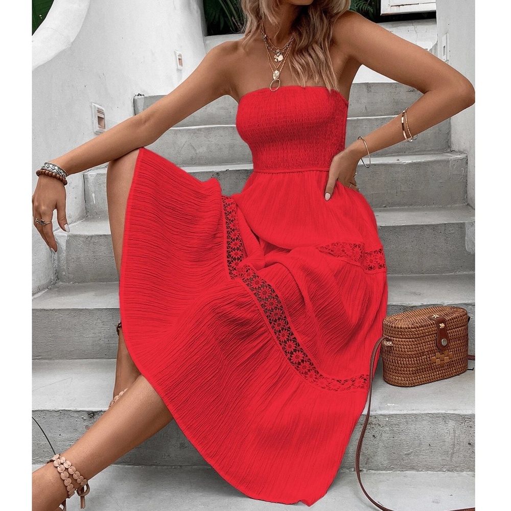 Floral Lace Shirred Bodice Tube Maxi Dress - Picture 4 of 8